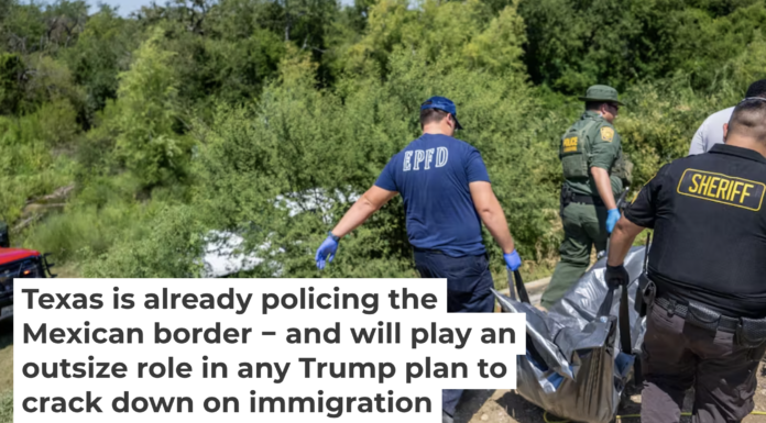 Maverick County Sheriff’s Office Deputy Sgt. Aaron Horta, EMT operators and Border Patrol officers carry a body out of a canal on June 28, 2023, in Eagle Pass, Texas. Brandon Bell/Getty Images